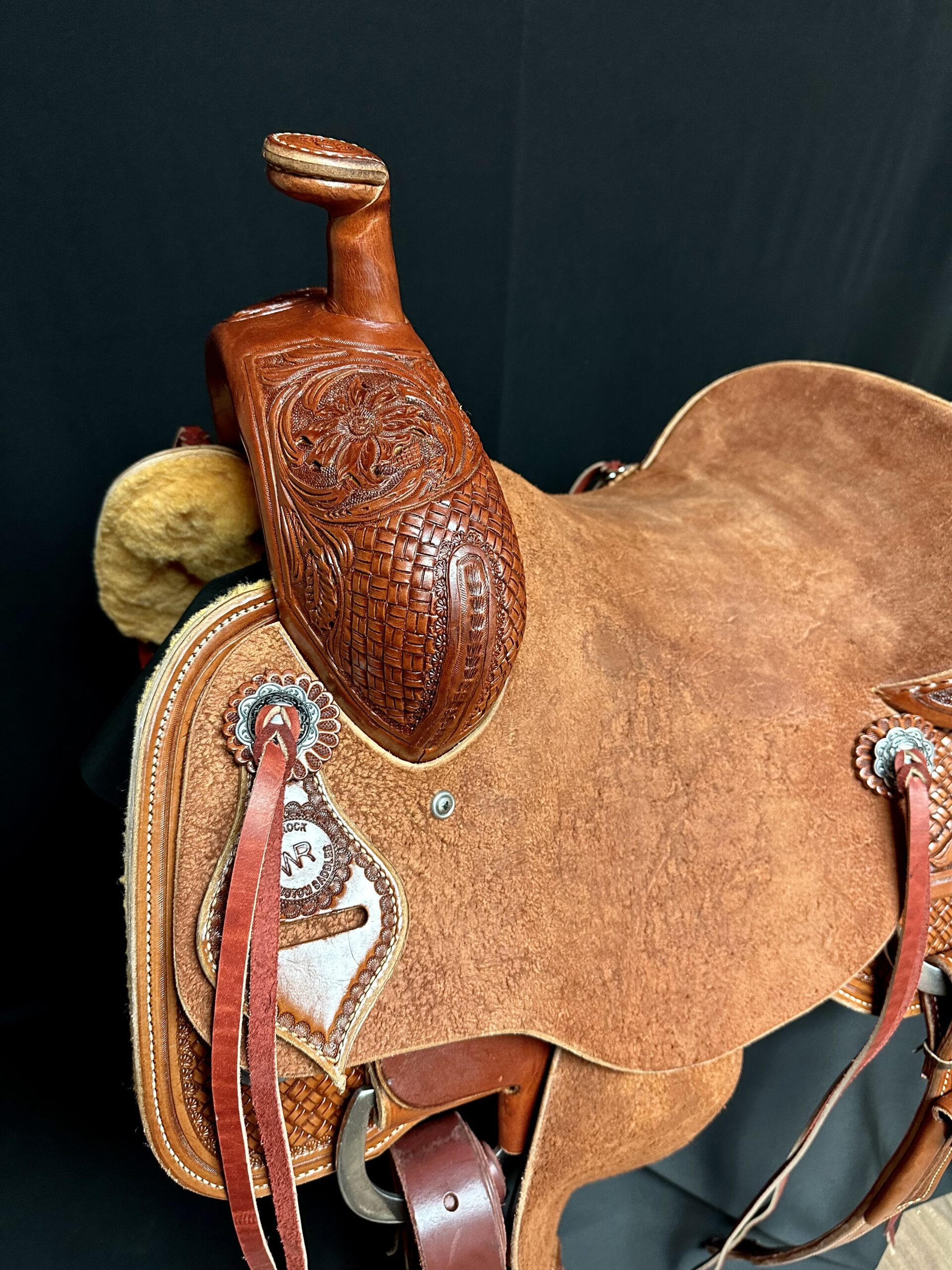 White Rock Ranch Cutter saddle with Basketweave/Floral tooling and roughout fenders