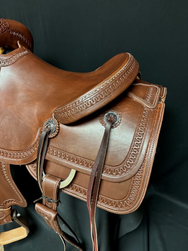 White Rock Cutting Saddle with Snake Border tooling on dark oiled leather