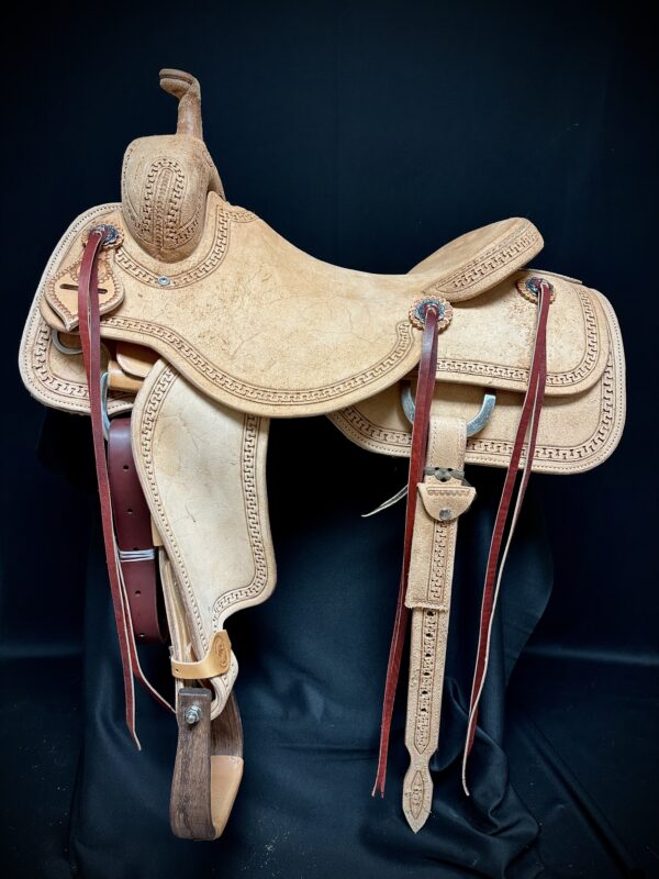 White Rock Ranch Cutter with Snake Border tooling on light oiled leather