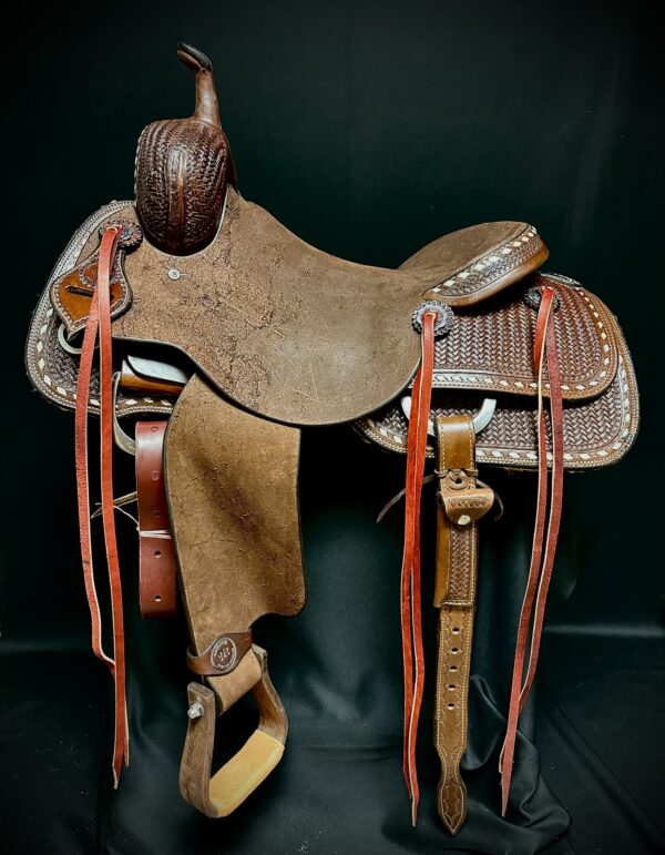White Rock Cutting Saddle with Basketweave tooling and White Buckstitch